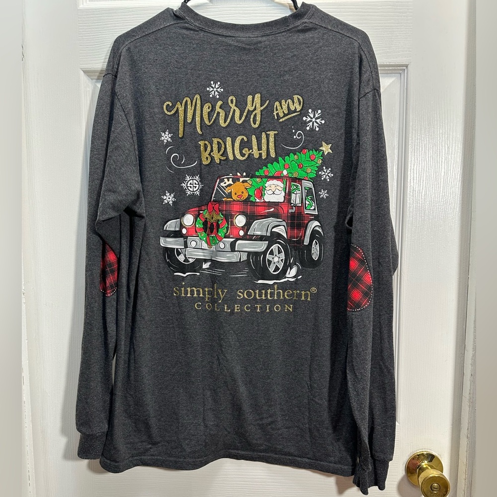 Simply Southern Gray Tee with Red Plaid Pocket Accent